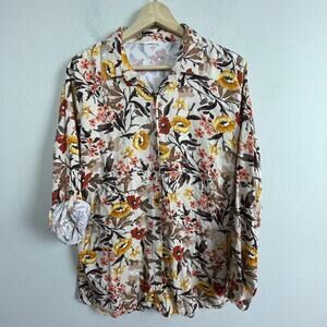 Cortigiani Women's Shirt Tan Brown Yellow Floral Long Sleeve Button Up Size 48